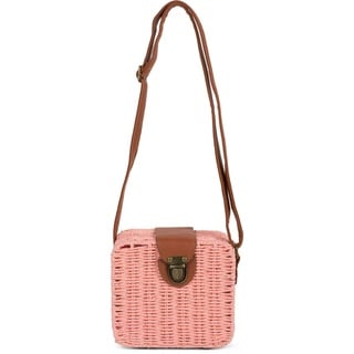 styleBREAKER Damen geflochtene Umhängetasche im Bohemian Style, Rattan Optik, Schultertasche, Crossbody Bag, Korbtasche 02012295, Farbe:Rosa