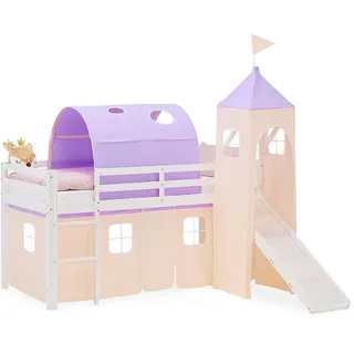 Homestyle4u Hochbett 90/200 cm in weiß Rutsche Bettvorhang Turm Tunnel peach , Textil , Kiefer , 90x200 cm , Babymöbel & Kindermöbel, Kinderzimmer & Jugendzimmer, Kinderbetten, Hochbetten