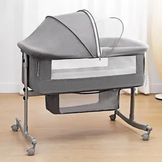 Babybett - 3-in-1 Kinderbett/Beistellbett/Laufstall - Faltbar - Höhenverstellbar - Mit Moskitonetz und Rollen - Grau - Grau