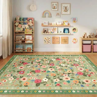INOVADAY Waschbarer Teppich 150x210 cm Boho Stil Kurzflor rutschfest Blumen Print Design Teppich für Wohnzimmer Schlafzimmer Esszimmer Büro Hellgrün