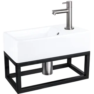 Differnz Force Waschbecken mit Handtuchhalter - Waschtisch Keramik Weiß - Gerade Armatur Chrom matt - Komplett-Set - 40 x 22 x 11,5 cm