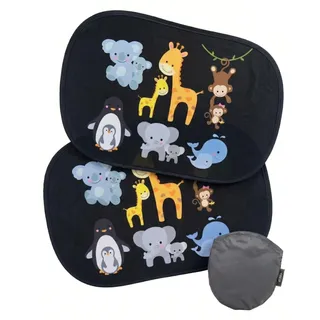 HECKBO 2X Auto Sonnenblende mit 8 Saugnäpfen - Baby Tiere mit Mama - 48x31cm - Auto Fenster Seitenfenster Sonnenschutz Autosonnenblende Seitenscheibe - mit Tasche - für Baby Kinder Mädchen Jungen
