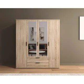 Rauch Möbel ESSEA Drehtürenschrank Kleiderschrank, Garderobe Schrank mit Stauraum, 4-türig, 2 Spiegeltüren, 2 Schubladen, Spiegel/Glas teilaufgelegt, Farbe Eiche Sonoma, Holz, 168x188x52cm