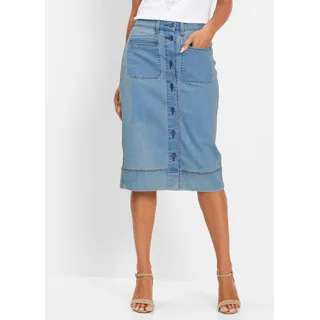 Jeansrock BONPRIX, Damen, Gr. 52, blau bleached, Obermaterial: 82% Baumwolle, 17% Polyester, 1% Elasthan, slim fit kniebedeckend, Röcke Jeansrock, schmale Passform, mit Knopfleiste