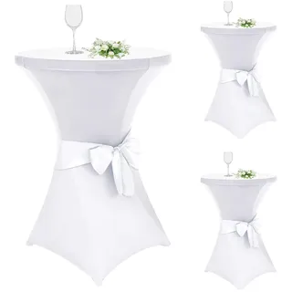 Alishomtll 3er Set Stehtisch Hussen mit Schleife, Ø70cm Stretch Stehtischhussen, Elegante Elastische Tisch-Überzug Hussen für Bistrotisch Runde Stehtisch Bankett Hochzeit (Ø70x110cm, Weiß)