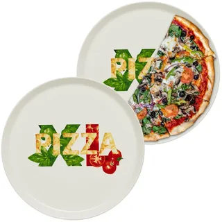 KHG 2er-Set Pizzateller, extra groß mit 33 cm Durchmesser in XL1 Print | perfekt für Gastro und Zuhause, hochwertiges Porzellan, spülmaschinengeeignet & perfekt Stapelbar, vielseitig einsetzbar