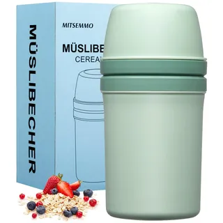 Mitsemmo Müslibecher to Go 600ml+270ml,Joghurtbecher to Go Kinder mit Löffel,Müsli Cup to Go Becher,Cornflakes to Go,Müslibecher Müslidose Müslischale Frühstücksdose Müslibox,Joghurt Box to Go (Grün)