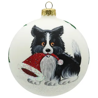 VITBIS - Weihnachtskugel aus Glas, Christbaumkugeln 12 cm, Mundgeblasen, Handdekoriert und Handgefertigt Weihnachtsbaum Deko - Matte Weiße Farbe mit Border Collie-Dekoration