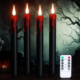 Eldnacele Halloween schwarze flammenlose Stabkerzen mit Fernbedienung, dimmbar, batteriebetriebene LED Kerzen, 4er Set tropfende Wachskerzen für Halloween Dekoration ganla
