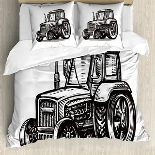 ABAKUHAUS Vintage Trucks Bettbezug Set für Einzelbetten, Landwirtschaft Traktor Kunst, Milbensicher Allergiker geeignet mit Kissenbezug, 200 cm x 200 cm - 80 x 80 cm, Dark Brown White
