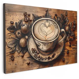 MuchoWow Leinwandbild Kaffee - Vintage - Braun - Tasse - Holz Wanddeko 90x60 cm , Textil , Kiefer , Rechteckig , 90x60 cm , FSC 100% , gerahmt , Bilder & Rahmen, Bilder, Leinwandbilder