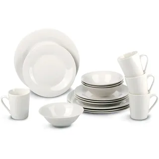 Alpina Geschirrset für 4 Personen - Teller- und Schüssel Set - Steingut Geschirr Set - Speiseteller, Dessertteller, Schüsseln und Becher - Mikrowellen- und Spülmaschinenfest - Weiß