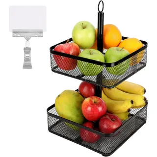 BELLE VOUS 2-stöckiger schwarzer Obstkorb – Obstkorb aus Metall für die Küche – Obstaufbewahrungsregal mit Etikettenclip – Obsthalter für Zuhause, Gemüsekorbständer