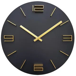 Nextime Wanduhr , Schwarz, Goldfarben , Holz , 39.5x39.5x4 cm , RoHS, Ce , 3D-Zahlen , Dekoration, Uhren, Wanduhren