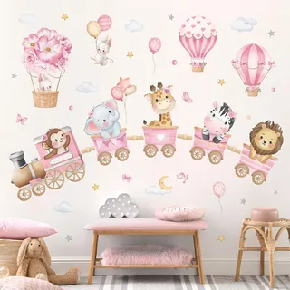 decalmile Wandtattoo Tiere Zug Rosa Wandaufkleber Elefant Giraffe Heißluftballon Wandsticker Mädchen Kinderzimmer Babyzimmer Spielzimmer Wanddeko