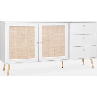sweeek - Skandinavisches Sideboard, Holzeffekt mit Rattangeflecht, 2 Türen, 150 cm - Antikweiß - Weiß