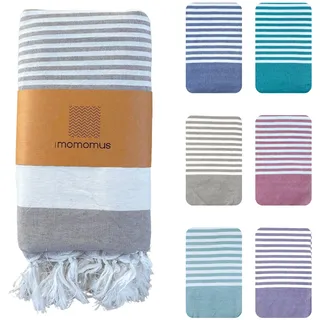 MOMOMUS Fouta XXL oder Dünne Picknickdecke Groß für Strand - Mit Fransen, Gestreift, ohne Sand - Stranddecke XXL, Strandmatte Sandfrei und Picnic Blanket - Beige, 210x240 cm