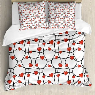 ABAKUHAUS Valentines Bettbezug, geometrische Herzen, Milbensicher Allergiker geeignet mit Kissenbezügen, 200 cm x 200 cm - 80 x 80 cm, Rot Schwarz Weiß - Rot