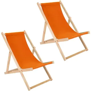 Liegestuhl 2er Set orange klappbar aus Holz - Klappstuhl Klappliege Sonnenstuhl Strandstuhl Holzklappstuhl Sonnenstuhl Gartenliege - Orange