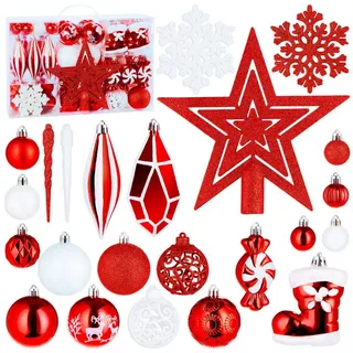 Brubaker 128 Stück Premium Christbaumschmuck - XXL Weihnachtskugel Set mit Glitzer Kugeln, Eiszapfen, Diamant Anhänger, Bonbon, Nikolaus Stiefel und Baumspitze Stern - Baumschmuck - Rot