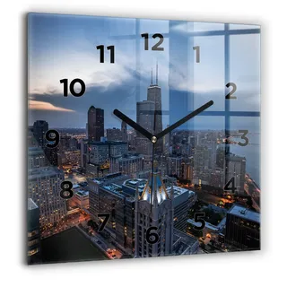 Wallfluent Große Wanduhr – Stilles Quarzuhrwerk - Uhr Dekoration Wohnzimmer Schlafzimmer Küche - Zifferblatt - schwarze Zeiger - 60 cm - Foto von Chicago - Blau