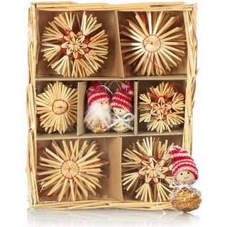 COM-FOUR® 28x Strohsterne im Mix-Set, Christbaum-Schmuck, Stroh-Anhänger | natürlicher Christbaum-Behang - Weihnachtsdekoration
