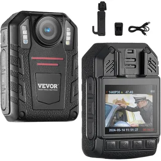 Vevor 1440P Polizei Body Camera 64G Body Cam mit 2850 mAh-Akku, 2,0" LCD, Infrarot-Nachtsicht, wasserdichte persönliche Bodycam für die Strafverfolgung