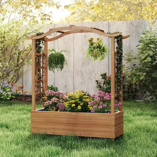 COSTWAY 110x40x124cm Hochbeet, Pflanzkasten mit Rankgitter, hängendem Dach, Rankhilfe&Einsatz, Blumenkasten für Kletterpflanzen&hängende Körbe Braun - Braun
