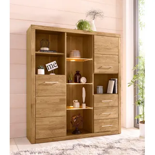 Home Affaire Highboard HOME AFFAIRE "Ribe,130cm breit145cm hoch,Fronten Massivholz,12 Fächer", braun (eiche teilmassiv), B:130cm H:145cm T:35cm, Holz teilmassiv, Sideboards, Highboard, Korpus aus Holzwerkstoff, Metall Griffe,Böden versetzbar