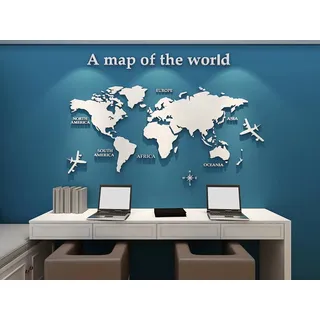 Shuanghao Wand Aufkleber Dekoration Aesthetic Wandbild Wandtattoo 3D Acrylglas Kunst Rubbel-Weltkarte World a Map of the Wall Spiegel Wand Dekoration Aufkleber für Wohnung Zimmer Modern Weiß Plus Groß