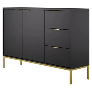 Kommode mit 3 Schubladen und 2 Schränken, modernes Sideboard, Stahlrahmen Schwarz und Gold - Schwarz