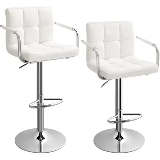 SONGMICS Barhocker, 2er Set, Barstuhl höhenverstellbar, mit Kunstleder-Bezug, 360° Drehstuhl, Küchenstuhl mit Armlehnen, Rückenlehne und Fußstütze, verchromter Stahl, weiß LJB93W
