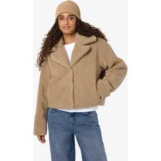 Noisy May Plüschjacke NOISY MAY "NMNATI CROP TEDDY JACKET FWD NOOS", Damen, Gr. XS, beige (birch), Plüsch, Obermaterial: 100% Polyester, unifarben, hüftlang, V-Ausschnitt, Jacken
