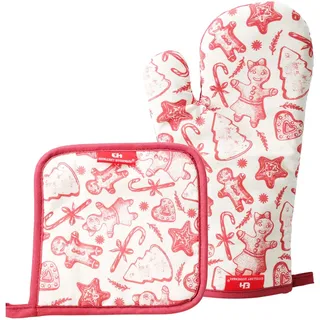 3-teiliges Weihnachts-Kochset mit Handschuh, Griff und Schürze aus Baumwolle in Rot