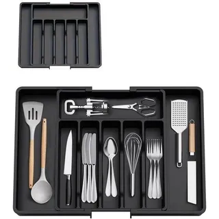 Unyqoos® Ausziehbarer Besteckkasten – 8 Fächer (6 fix, 2 ausziehbar), Schwarz, BPA-freier PP, für Schubladen 37–56 cm - Schwarz