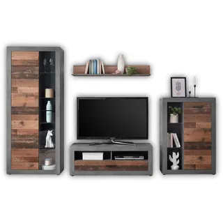 Stella Trading FULDA Vintage Wohnwand Komplett-Set in Old Wood Optik, Betonoxid - Retro Schrankwand für Ihr Wohnzimmer - 305 x 189 x 40 cm (B/H/T)
