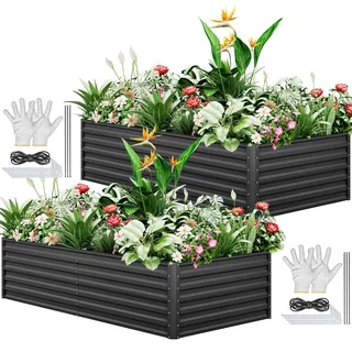 YITAHOME 2er-Set Hochbeet Metall 240x120x58cm, Hochbeete-Kit aus Verdicktem Zink-Aluminium-Magnesium-Edelstahl-Metall Hochbeete für Garten mit Stützstange & Handschuhe für Gemüse, Blumen (Schwarz)