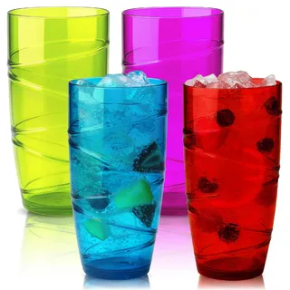 HEFTMAN Plastikbecher 4er-Set - 550 ml Acryl-Trommelgläser mit Wirbel-Design - wiederverwendbare Kunststoffgläser für Garten, Picknicks, Camping, Grillabende, Partys - 4 Stück (Farbig)