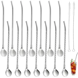 14PCS Edelstahl Trinkhalm Löffels, Wiederverwendbare Metallstrohhalm Latte Macchiato Löffels mit Strohhalm 2 in 1 Strohhalm & Löffel Mit 2 Reinigungsbürsten zum Trinken Milchshake Shakes Cocktails