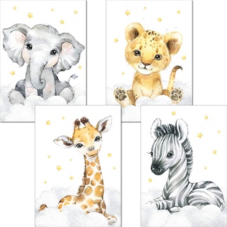 LALELU-Prints Bilder Kinderzimmer Poster Babyzimmer Deko Mädchen Jungen Kinderbilder Set Kinderzimmerbilder (Safari 4er Set)