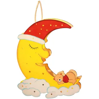 hellum LED Mond aus Holz mit schlafendem Bär, Kinderzimmer, Fensterdeko, Nachttisch, 10 warm-weiße LED, 30,5x23cm, batteriebetrieben (2xAA, nicht inklusive!), für innen 574036