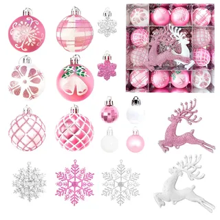 MORAINJAY 45er Set Weihnachtskugeln Rosa, Kunststoff Weihnachtsbaumkugeln Ø 6 cm, Hängende Kugeln, Christbaumkugeln, Christbaum Anhänger, Festliche Deko für Zuhause