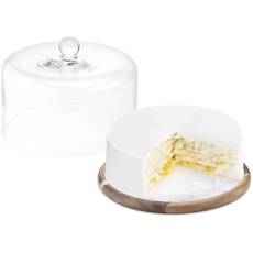NAVARIS Tortenplatte mit Glas Glocke Ø 28cm - Kuchenplatte Kuchenglocke - Tortenbehälter rund - Kuchenbehälter mit Deckel - Tortenbutler aus Marmor Holz Glas