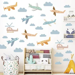 Fufuquare DIY Cartoon Flugzeug Wandtattoo Selbstklebender Vinyl Wolke Wandaufkleber für Kinderzimmer Kindergarten Schlafzimmer Wohnzimmer