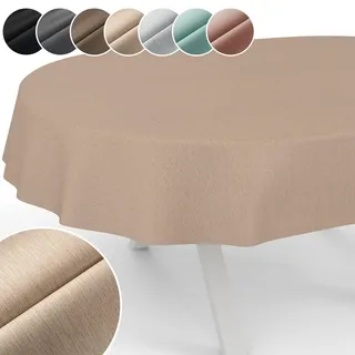 Tischdecke Mila Stoff abwaschbar Tischtuch Tafeldecke Jacquard Teflon beschichtet pflegeleicht Lotuseffekt schmutz- & wasserabweisend Uni Leinenoptik Oval 180x140cm Schnittkante Beige