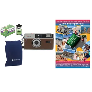 AgfaPhoto analoge 35mm Kleinbildfilm Foto Kamera braun + Farb Bilder Film + Batterie + KOMPLETTENTWICKLUNG Film + BILDER