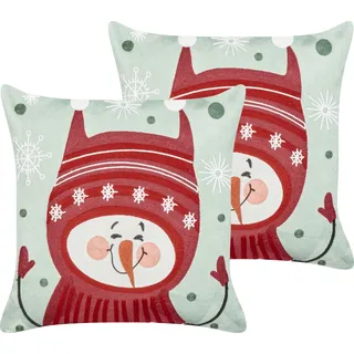 BELIANI Dekokissen 2er Set Grün u. Rot Baumwollbezug mit Füllung 45x45 cm Weihnachtsmotiv Schneemann Schneeflocken Bestickt Wohnzimmer Schlafzimmer - Rot, Grün, Weiß