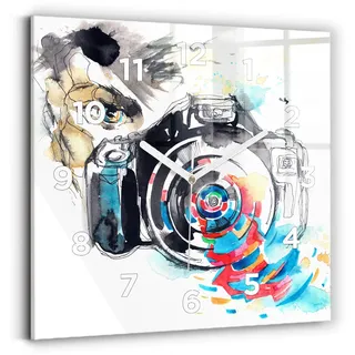 Wallfluent Wanduhr – Stilles Quarzuhrwerk - Uhr Dekoration Wohnzimmer Schlafzimmer Küche - Zifferblatt - weiße Zeiger - 30x30 cm - Fotografin - Blau