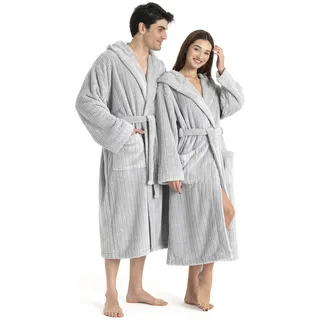 Unisex-Bademantel "Lovina gestreift, ideal für Sauna & Spa, Hotelbademantel, Morgenmantel" Gr. XS, grau, L:120cm, Microfaser, LEGER HOME BY LENA GERCKE, Hausmäntel, Unisex-Bademantel, Hoch-Tief, kuschelig weicher Fleece, plüsch, Damen und Herren, XS-3XL