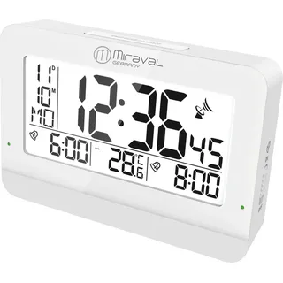 Miraval digitaler Funkwecker Datumsanzeige Designwecker Reisewecker Temperaturanzeige Großes Display 2 Alarme Snooze Hintergrundbeleuchtung Moderner Wecker Funkuhr geräuschlos Digitaler Wecker - Weiß
